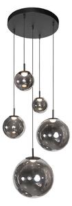 Steinhauer LED κρεμαστό φωτιστικό Bollique, 5 φλόγες. στρογγυλό, μαύρο, γυαλί, ρυθμιζόμενος, Μαύρο, Σαλόνι / τραπεζαρία, Γυαλί, Σφαίρα
