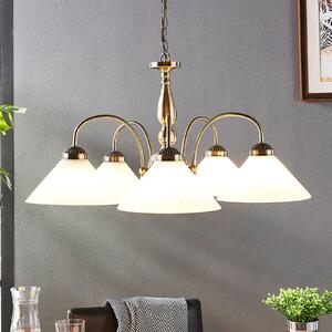 Lindby κρεμαστό φωτιστικό Otis, Ø 68 cm, 5-φωτο, λευκό, γυαλί, E27, ρυθμιζόμενος, Μπρούτζινο / Αντικέ ορείχαλκου, Κουζίνα, Γυαλί, Αντίκα