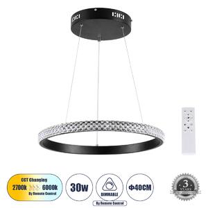 GloboStar® DIAMOND 61128 Κρεμαστό Φωτιστικό Δαχτυλίδι-Κύκλος LED CCT 30W 3513lm 360° AC 220-240V - Εναλλαγή Φωτισμού μέσω Τηλεχειριστηρίου All In One Ψυχρό 6000k+Φυσικό 4500k+Θερμό 2700k Dimmable Φ40cm - Μαύρο - 3 Years Warranty