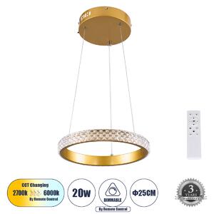 GloboStar® DIAMOND 61127 Κρεμαστό Φωτιστικό Δαχτυλίδι-Κύκλος LED CCT 20W 2356lm 360° AC 220-240V - Εναλλαγή Φωτισμού μέσω Τηλεχειριστηρίου All In One Ψυχρό 6000k+Φυσικό 4500k+Θερμό 2700k Dimmable Φ25cm - Χρυσό Βούρτσας - 3 Years Warranty