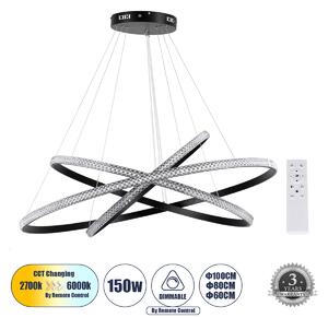 GloboStar® DIAMOND TRIO 61140-DECO Κρεμαστό Φωτιστικό Δαχτυλίδι-Κύκλος LED CCT 150W 18379lm 360° AC 220-240V - Εναλλαγή Φωτισμού μέσω Τηλεχειριστηρίου All In One Ψυχρό 6000k+Φυσικό 4500k+Θερμό 2700k Dimmable Φ60+80+100cm - Μαύρο - 3 Years Warranty