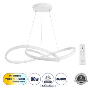 GloboStar® DEXTER 60914 Κρεμαστό Φωτιστικό Οροφής Design LED CCT 90W 10080lm 300° AC 220-240V - Εναλλαγή Φωτισμού μέσω Τηλεχειριστηρίου All In One Ψυχρό 6000k+Φυσικό 4500k+Θερμό 2700k Dimmable Φ73cm - Λευκό - 3 Years Warranty