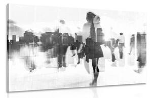 Πίνακας σε καμβά σιλουέτες ανθρώπων στη μεγαλούπολη σε ασπρόμαυρο