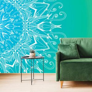 Ταπετσαρία τοίχου λευκή μάνταλα σε γαλαζοπράσινο φόντο