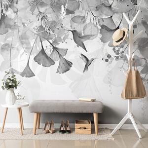 Αυτοκόλλητη ταπετσαρία φύλλα με κολιμπρί σε ασπρόμαυρο