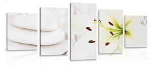 Πεντάπτυχος πίνακας κρίνοι και πέτρες μασάζ σε λευκό σχέδιο