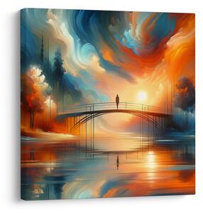 Πίνακας σε καμβά ηλιοβασίλεμα πάνω από ποτάμι με γέφυρα