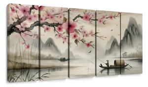 Πεντάπτυχος πίνακας ψαράς και άνθη κερασιάς