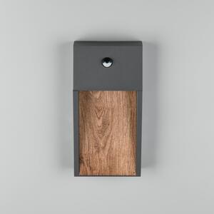 Trio Lighting Λάμπα εξωτερικού τοίχου με αισθητήρα LED SALMON, εμφάνιση ξύλου, ύψος 33 cm IP44, Ξύλου, Αλουμίνιο, σύγχρονο, Πρίζα τοίχου κάτω