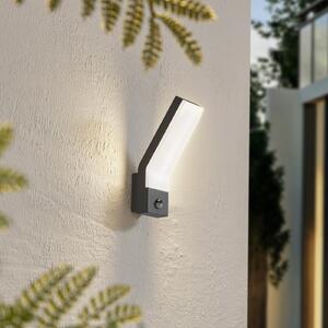 Lindby LED εξωτερικός φωτισμός τοίχου Korvik, 26 cm, ανθρακί, αισθητήρας, Μαύρο, Αλουμίνιο, σύγχρονο