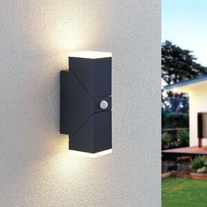 Lindby Επιτοίχιο φωτιστικό LED Sally, 22 cm, ανθρακί, IP54, αισθητήρας, Μαύρο, Αλουμίνιο, σύγχρονο, Πρίζα τοίχου πάνω/κάτω
