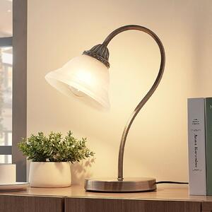 Lindby Επιτραπέζιο φωτιστικό Mialina, 42 cm, λευκό, γυαλί, μέταλλο, Μπρούτζινο / Αντικέ ορείχαλκου, Σαλόνι / τραπεζαρία, Γυαλί