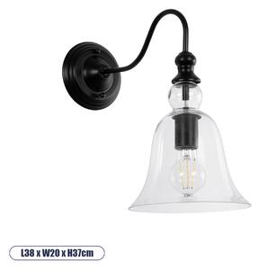 GloboStar® LILLY 01064 Vintage Φωτιστικό Τοίχου - Απλίκα Μονόφωτο 1 x E27 AC 220-240V IP20 - Μ38 x Π20 x Υ37cm - Μαύρο Μεταλλικό με Γυάλινη Καμπάνα