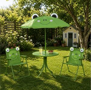 Παιδικό Σετ Κήπου & Βεράντας Frog με Τραπέζι Bistro, Ομπρέλα και 2 Καρέκλες - Μέταλλο - Green