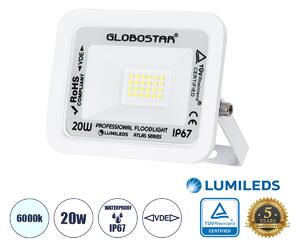 GloboStar® ATLAS 61407 Επαγγελματικός Προβολέας LED 20W 2500lm 120° AC 220-240V - Αδιάβροχος IP67 - Μ12 x Π2.5 x Υ9.5cm - Λευκό - Ψυχρό Λευκό 6000K - LUMILEDS Chips - TÜV Rheinland Certified - 5 Years Warranty