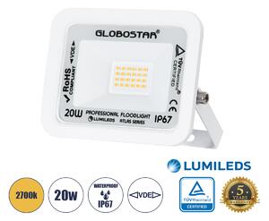 GloboStar® ATLAS 61409 Επαγγελματικός Προβολέας LED 20W 2300lm 120° AC 220-240V - Αδιάβροχος IP67 - Μ12 x Π2.5 x Υ9.5cm - Λευκό - Θερμό Λευκό 2700K - LUMILEDS Chips - TÜV Rheinland Certified - 5 Years Warranty