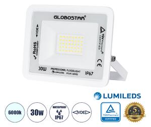 GloboStar® ATLAS 61413 Επαγγελματικός Προβολέας LED 30W 3750lm 120° AC 220-240V - Αδιάβροχος IP67 - Μ16 x Π2.5 x Υ12.5cm - Λευκό - Ψυχρό Λευκό 6000K - LUMILEDS Chips - TÜV Rheinland Certified - 5 Years Warranty