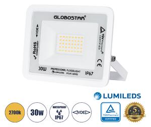 GloboStar® ATLAS 61415 Επαγγελματικός Προβολέας LED 30W 3450lm 120° AC 220-240V - Αδιάβροχος IP67 - Μ16 x Π2.5 x Υ12.5cm - Λευκό - Θερμό Λευκό 2700K - LUMILEDS Chips - TÜV Rheinland Certified - 5 Years Warranty