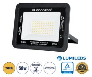 GloboStar® ATLAS 61424 Επαγγελματικός Προβολέας LED 50W 5750lm 120° AC 220-240V - Αδιάβροχος IP67 - Μ21 x Π3.5 x Υ16cm - Μαύρο - Θερμό Λευκό 2700K - LUMILEDS Chips - TÜV Rheinland Certified - 5 Years Warranty