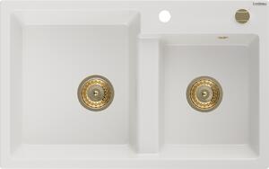 Mexen Tomas νεροχύτης γρανίτης 2-θαλάμων 800 x 500 mm, λευκός, χρυσό σιφόνι