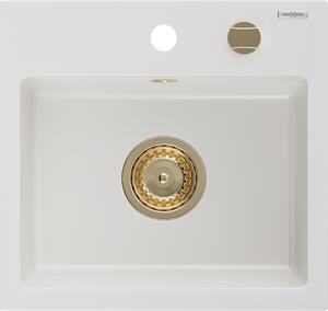 Mexen Milo νεροχύτης από γρανίτη 1-δοχείο 435 x 410 mm, λευκός, σιφόνι χρυσό