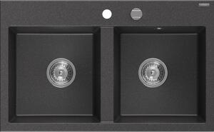 Mexen Hektor Νεροχύτης Γρανίτης 2-Θαλάμων 800 x 480 mm, Μαύρος Με Κηλίδες, Σιφόνι