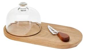 Σετ Σερβιρίσματος Excellent Houseware με γυάλινο καπάκι, μαχαίρι και δίσκο, από ξύλο ακακίας - 3 τεμάχια