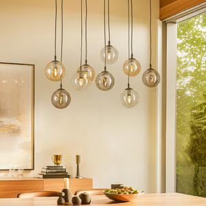 EMIBIG LIGHTING Κρεμαστό φωτιστικό Glassy, 9 φώτα, μαύρο, γραφίτη/κεχριμπάρι/διαφανές, E14, ρυθμιζόμενος, Μαύρο, Σαλόνι / τραπεζαρία, Μέταλλο, σύγχρονο