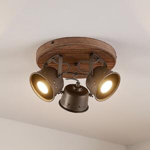 Lindby Προβολέας οροφής Rubinjo, Ø 31 cm, 3-φωτισμός, ξύλο, GU10, ρυθμιζόμενος, Ξύλου, Σαλόνι / τραπεζαρία, Μέταλλο, Vintage