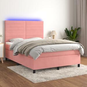 VidaXL Κρεβάτι Boxspring με Στρώμα & LED Ροζ 140x190 εκ. Βελούδινο