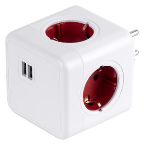 GloboStar® TRAVEL PowerCube PRO Certified 79634 Πολύπριζο 6 Θέσεων με 4 Πρίζες Ασφαλείας Childproof EU Schuko AC 220-240V & 2 Πρίζες USB Max 2.1A/DC 5V Μ7.5 x Π11.5 x Υ7.5 - Λευκό με Κόκκινο - Max Load 3680W/16A