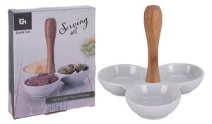 Μπολ Σερβιρίσματος Excellent Houseware πορσελάνινο, λαβή από μπαμπού, με 3 ξεχωριστές θήκες, λευκό, 20 x 20 x 17cm