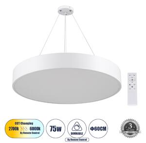 GloboStar® BURTON 61203-P Κρεμαστή Πλαφονιέρα Οροφής LED CCT 75W 8625lm 120° AC 220-240V - Εναλλαγή Φωτισμού μέσω Τηλεχειριστηρίου All In One Ψυχρό 6000k+Φυσικό 4500k+Θερμό 2700k Dimmable Φ60cm - Λευκό - 3 Years Warranty