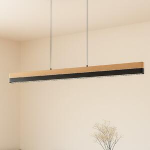 Lucande LED κρεμαστό φωτιστικό Holven, ξύλο, CCT, μήκος 113 cm, ρυθμιζόμενος, Ξύλου, Σαλόνι / τραπεζαρία, Ξύλο, σύγχρονο