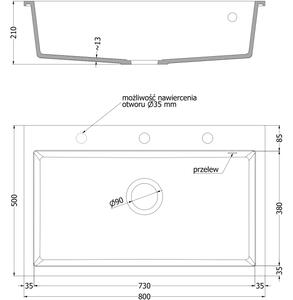 Mexen Elix νεροχύτης γρανίτης μονής λεκάνης 800 x 500 mm, μαύρος, σιφόνι χρώμιο