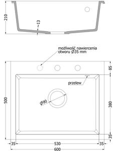 Mexen Elix νεροχύτης από γρανίτη 1-διαμέρισμα 600 x 500 mm, μαύρος, σιφόνι