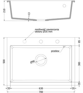 Mexen Elix νεροχύτης γρανίτη 1-διαμερίσματος 700 x 500 mm, λευκός, σιφόνι χρώμιο