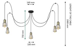 Πολύφωτο με συρματόσχοινο TUBE 5xE27/15W/230V μαύρο/χρυσαφί