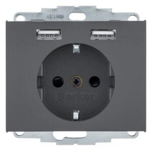 Πρίζα Σούκο με 2xUSB Ανθρακί Ματ Berker K.1 48037006 Hager