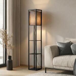 Lindby Φωτιστικό δαπέδου Birta, μαύρο, ράφι, ξύλο, 159 cm, Μαύρο, Σαλόνι / τραπεζαρία, Ξύλο, σύγχρονο