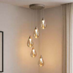Searchlight Κρεμαστό φωτιστικό LED Pear, 5 λαμπτήρες, στρογγυλό, μπεζ, γυαλί κεχριμπαριού,, ρυθμιζόμενος, Μπεζ, Σαλόνι / τραπεζαρία, Γυαλί, σύγχρονο