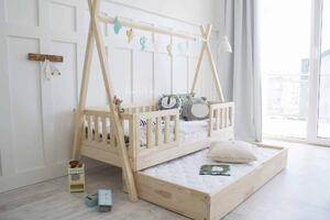 Κρεβάτι Παιδικό Montessori Tipi με Κάγκελα 29cm & Συρτάρι Φυσικό Ξύλο 90×190cm Luletto(Δώρο 10%