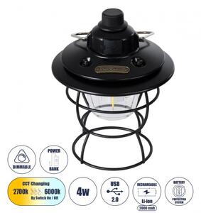 Αυτόνομο Φανάρι Camping LED 4W USB 2.0 Dimmable Μαύρο All In One 6000K-4500K-2700K 85695 Globostar 85695 Μαύρο