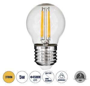 GloboStar® 99005 Λάμπα LED Long Filament E27 G45 Γλομπάκι 5W 500lm 360° AC 220-240V IP20 Φ4.5 x Υ7.5cm Θερμό Λευκό 2700K με Διάφανο Γυαλί - Dimmable - 3 Years Warranty