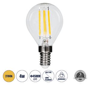 GloboStar® 99003 Λάμπα LED Long Filament E14 G45 Γλομπάκι 4W 400lm 360° AC 220-240V IP20 Φ4.5 x Υ7.5cm Θερμό Λευκό 2700K με Διάφανο Γυαλί Dimmable - 3 Χρόνια Εγγύηση