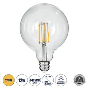 GloboStar® 99014 Λάμπα LED Long Filament E27 G125 Γλόμπος 12W 1200lm 360° AC 220-240V IP20 Φ12.5 x Υ18cm Θερμό Λευκό 2700K με Διάφανο Γυαλί - Dimmable - 3 Years Warranty