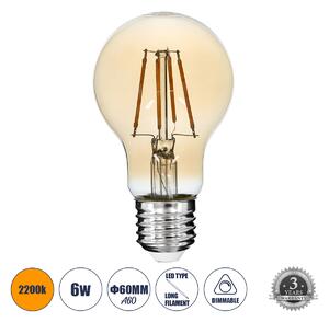 GloboStar® 99036 LED Long Filament Bulb E27 A60 Globe 6W 550lm 360° AC 220-240V IP20 D6 x H10.5cm Ultra Θερμό Λευκό 2200K με Μελί Γυαλί - Dimmable - 3 Years Warranty