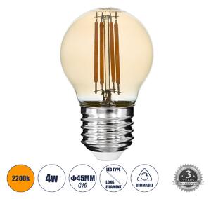 GloboStar® 99034 Λάμπα LED Long Filament E27 G45 Γλομπάκι 4W 350lm 360° AC 220-240V IP20 Φ4.5 x Υ7.5cm Ultra Θερμό Λευκό 2200K με Μελί Γυαλί - Dimmable - 3 Years Warranty