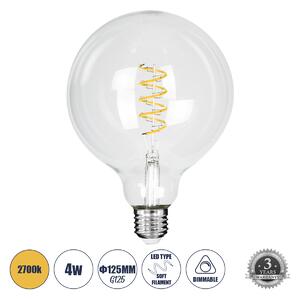 GloboStar® 99137 Λάμπα LED Soft S Spiral Filament E27 G125 Γλόμπος 4W 300lm 360° AC 220-240V IP20 Φ12.5 x Υ18cm Θερμό Λευκό 2700K με Διάφανο Γυαλί Dimmable - 3 Χρόνια Εγγύηση