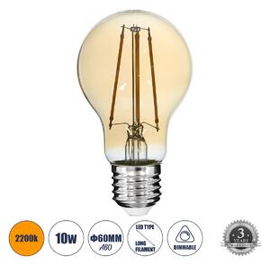 GloboStar® 99038 Λάμπα LED Long Filament E27 A60 Γλόμπος 10W 900lm 360° AC 220-240V IP20 Φ6 x Υ10.5cm Ultra Θερμό Λευκό 2200K με Μελί Γυαλί - Dimmable - 3 Χρόνια Εγγύηση